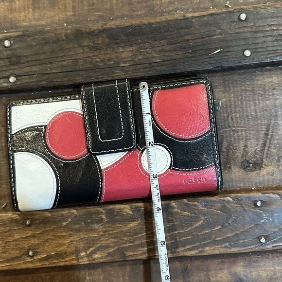 Vintage Fossil Wallet Genuine Leather red black white Patchwork Circles - Picture 7 of 7